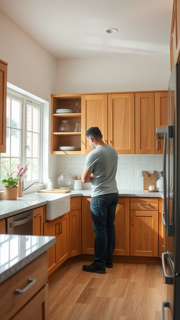 A person standing in a kitchen with hickory cabinets, washing dishes by the sink.