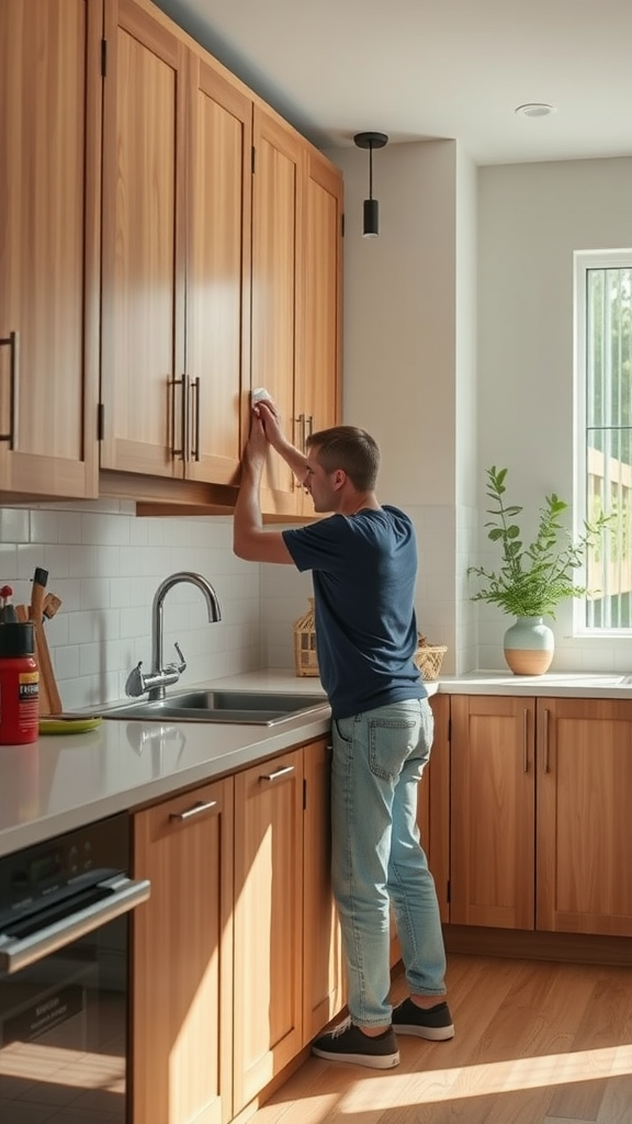 A person cleaning lightwood kitchen cabinets