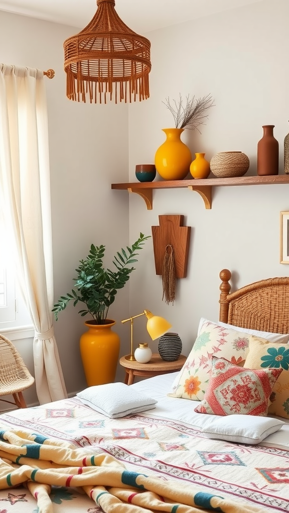 A cozy bedroom featuring ceramic and pottery decor, with colorful vases and decorative pillows.