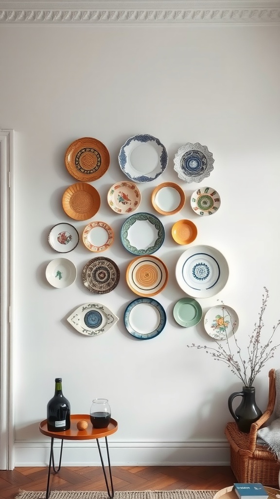 A collection of ceramic plates in various colors and designs arranged on a wall, creating a lively decor.