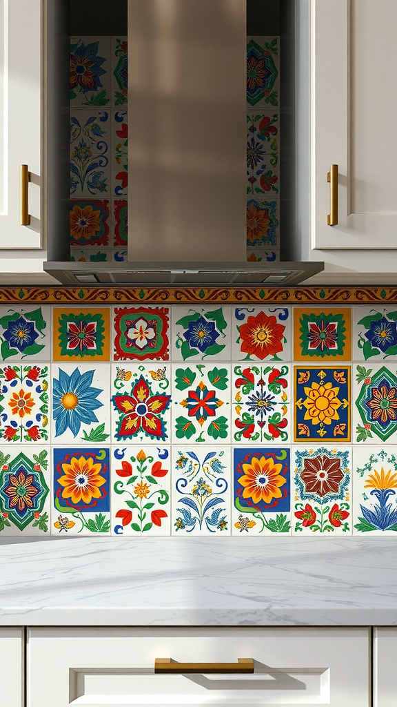 Colorful ceramic tiles with floral patterns on a kitchen backsplash.