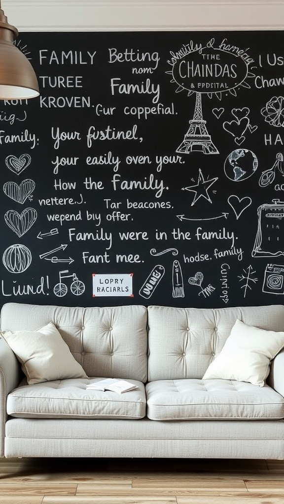 Chalkboard wall with family notes and art behind a couch