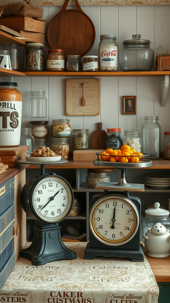 Vintage kitchen scales and jars on wooden shelves in a rustic farmhouse kitchen.