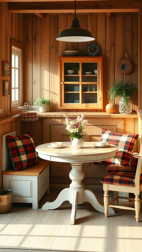 Cozy breakfast nook with a small table and plaid cushions in a rustic farmhouse kitchen