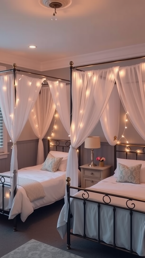 A cozy bedroom featuring two charming canopy beds draped with white curtains and adorned with string lights.