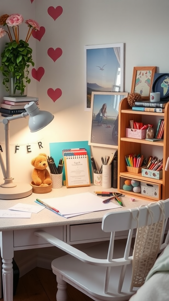 A charming desk space featuring a cozy setup with a lamp, teddy bear, stationery, and decorative elements.