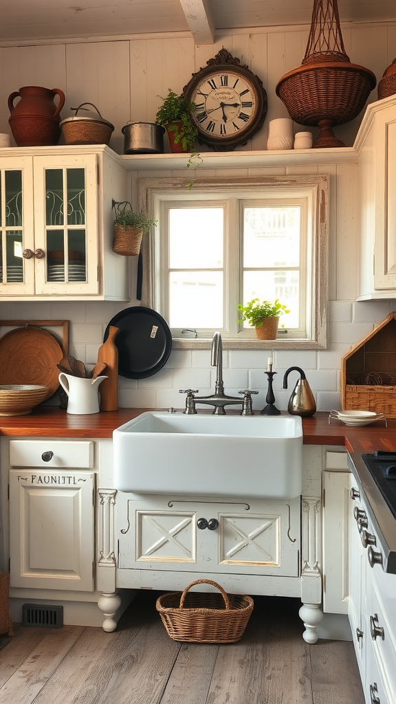 A vintage farmhouse sink in a cozy kitchen with wooden countertops and rustic decor.