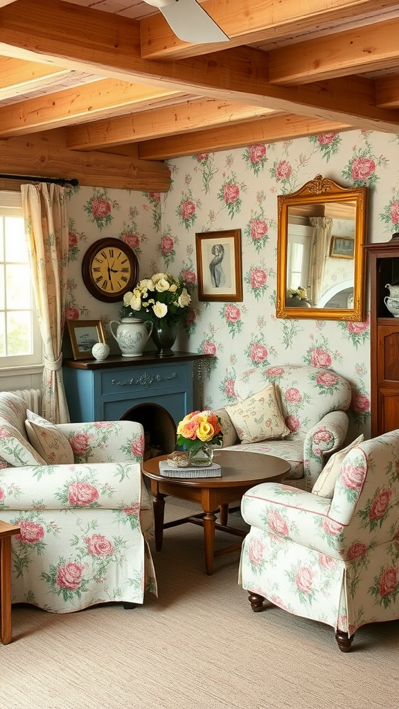 A cozy cottage living room with floral patterned furniture and wallpaper