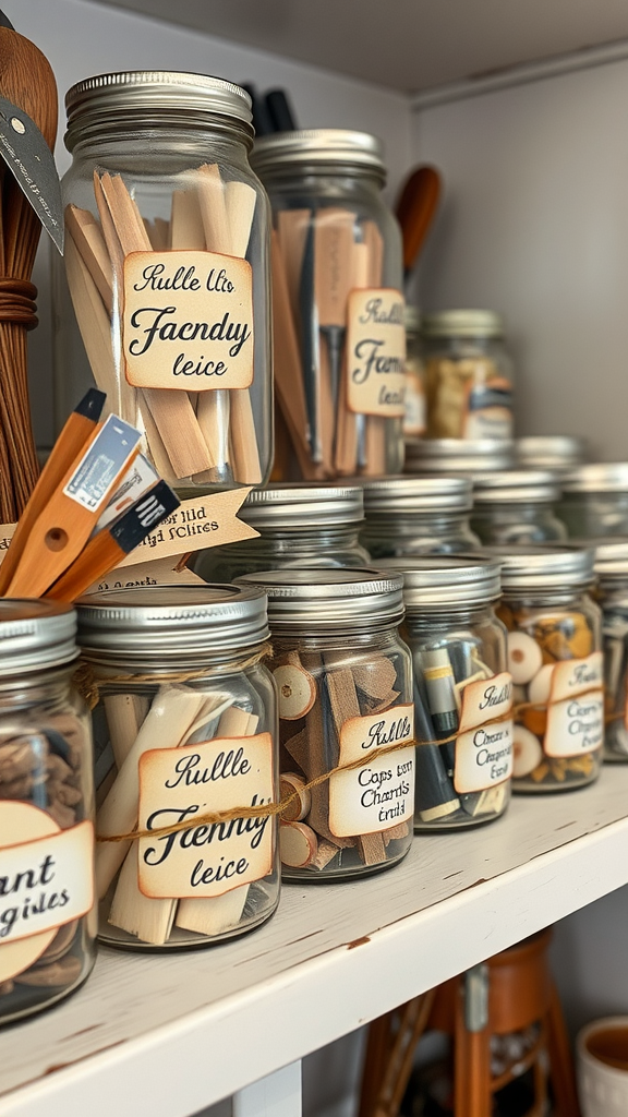 A collection of jars with handwritten labels containing various craft supplies.