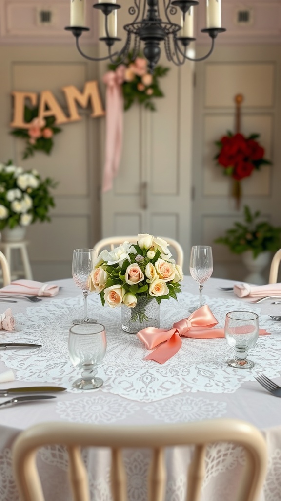 Elegant table setting with lace tablecloth, bouquet of roses, and ribbon accents for Valentine's Day.