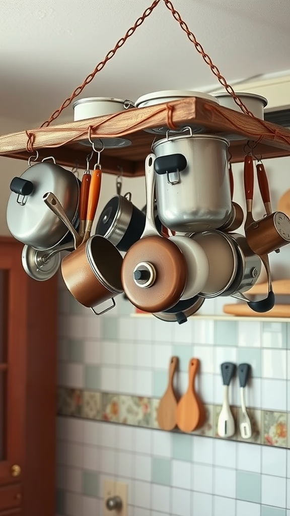 Hanging pot rack with various cookware in a vintage kitchen setting