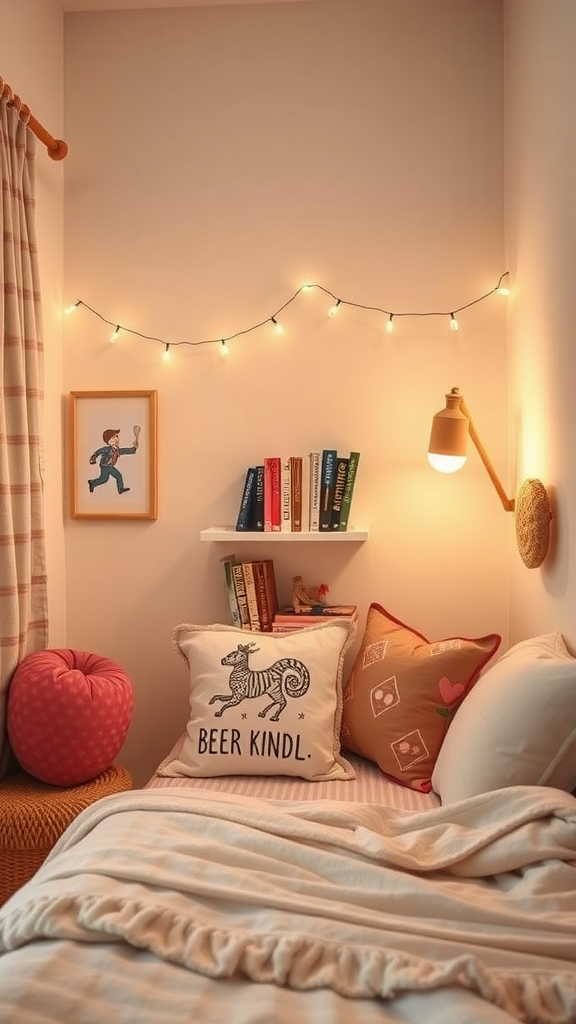 Cozy reading nook with soft lighting, comfortable pillows, and bookshelves.