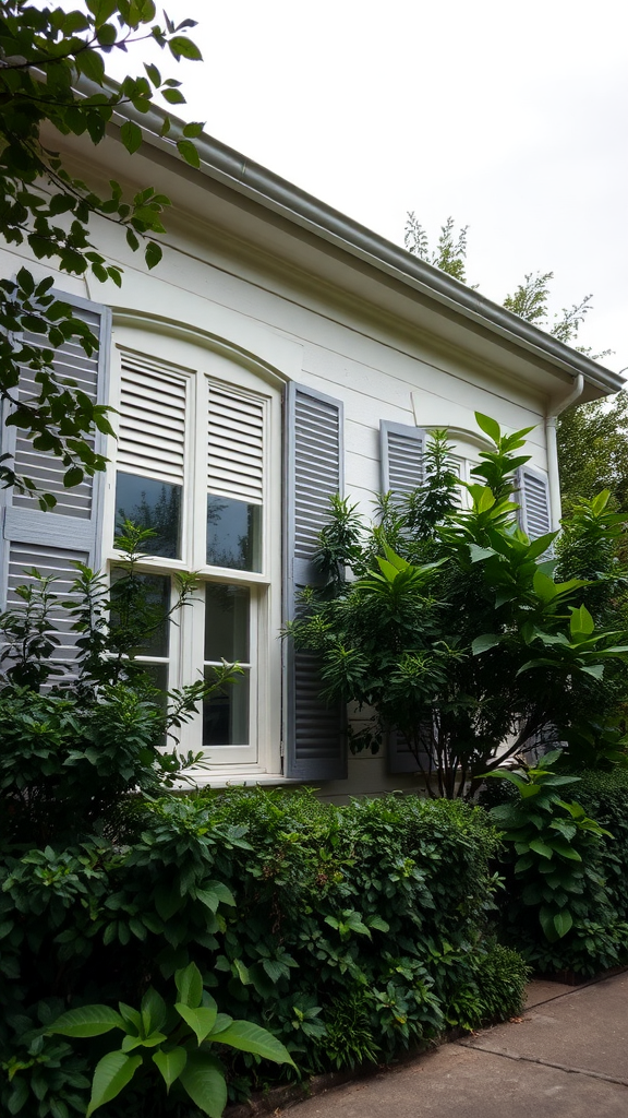 A southern home with charming shuttered windows surrounded by greenery.