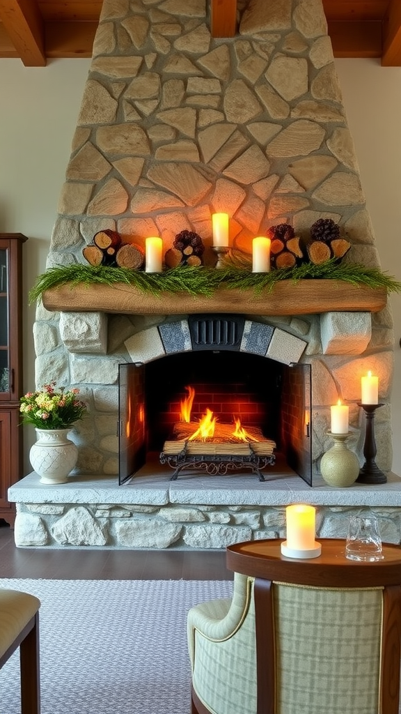 A rustic stone fireplace with a wooden mantle, adorned with candles and decorative elements, in a cozy living room setting.