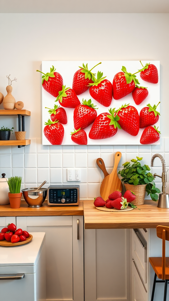 A vibrant canvas featuring various strawberries on a white background, displayed in a modern kitchen.