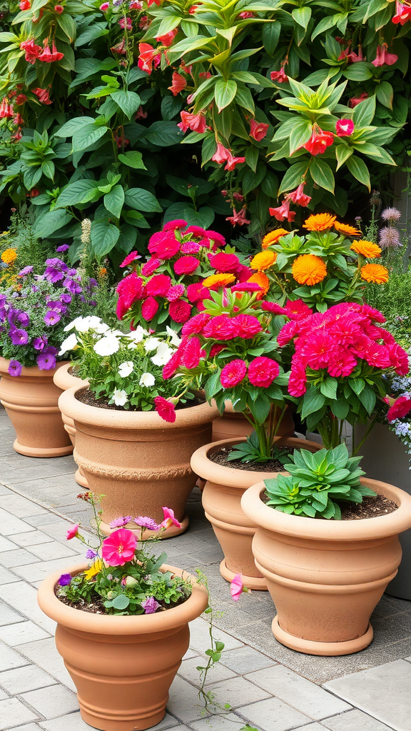 Colorful flowers in charming terra cotta planters