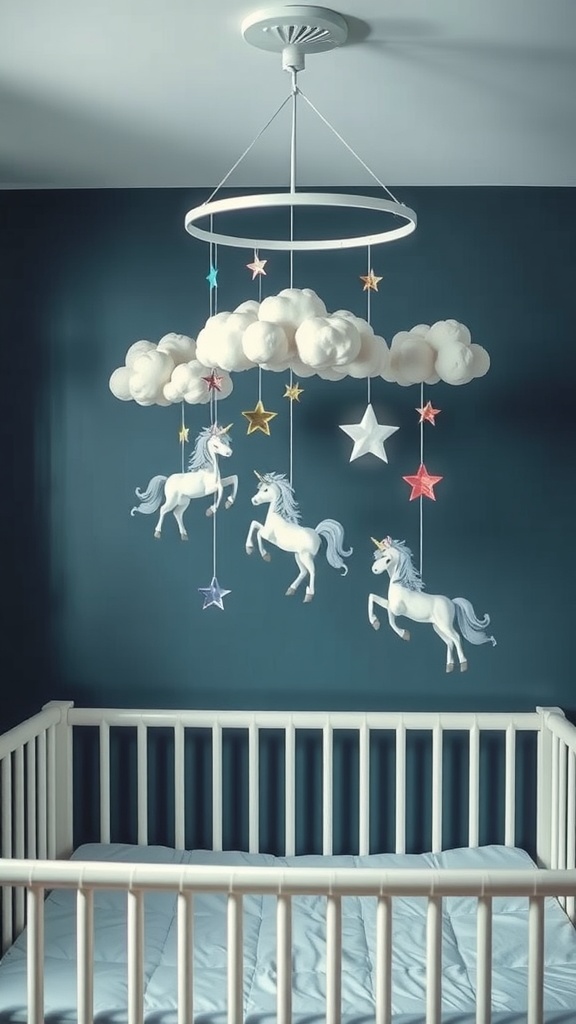 A unicorn-themed crib mobile with unicorns, clouds, and stars hanging above a crib.