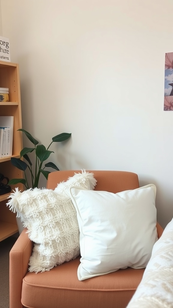 Charming white throw pillows on an orange chair in a dorm room setting.