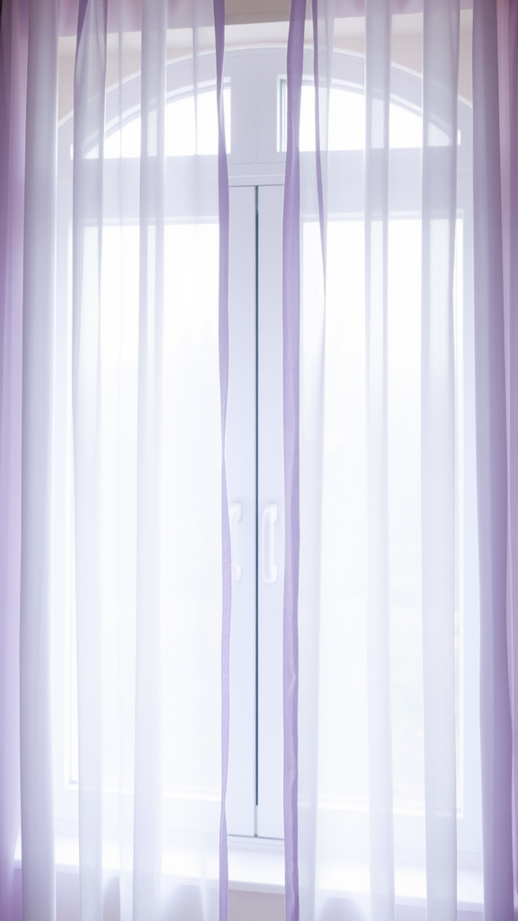 Sheer curtains in light purple hanging by a window.