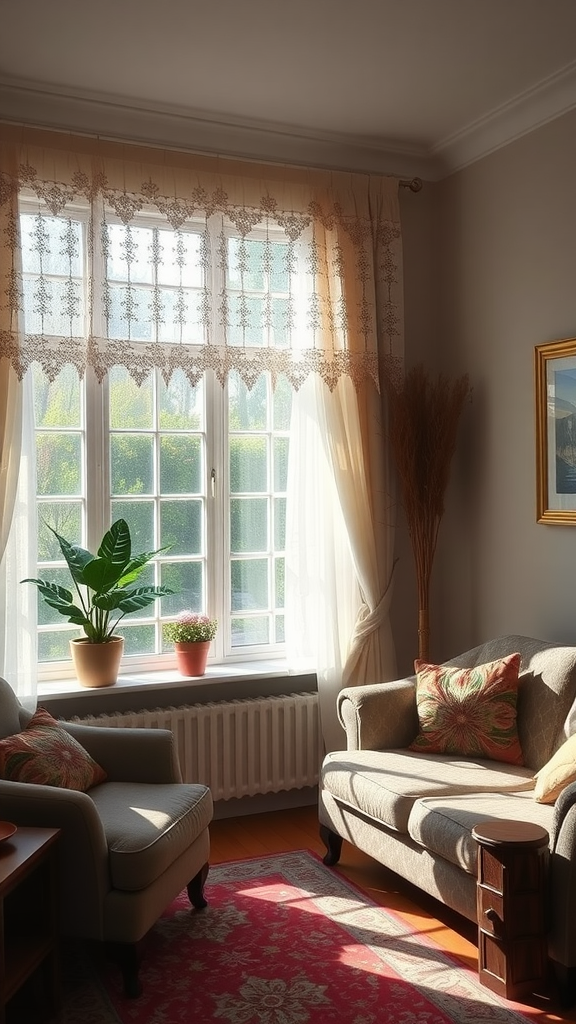 Cozy cottage living room with lace curtains and potted plants.