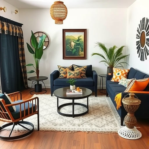 Stylish living room with black sofas, rattan furniture, and colorful decor.