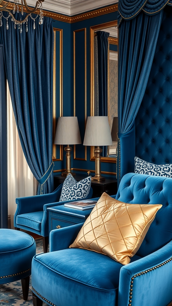 A cozy interior featuring blue velvet chairs and curtains with gold accents.