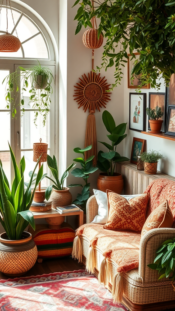 Cozy living room with plants, woven decor, and vibrant textiles