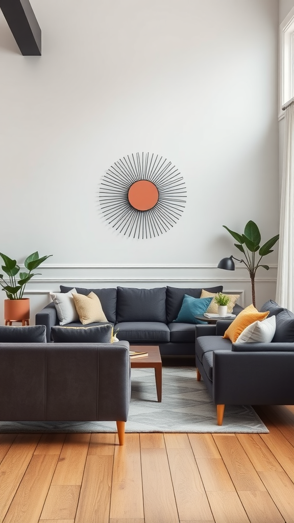 A stylish living room featuring color-blocked decor with dark sofas, vibrant pillows, and a modern wall mirror.