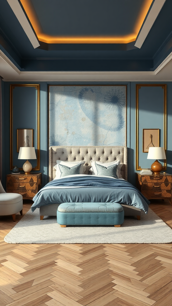 A luxury master bedroom with a chic color palette featuring soft blue walls, elegant bedding, and stylish furnishings.