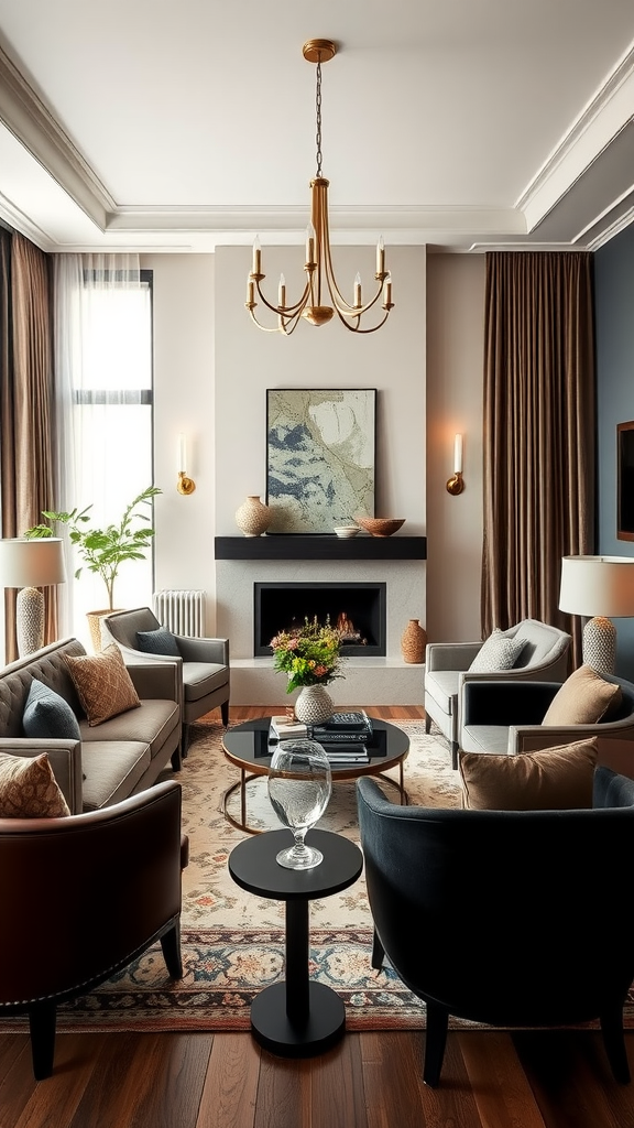 Chic living room with elegant seating and warm decor, perfect for gatherings