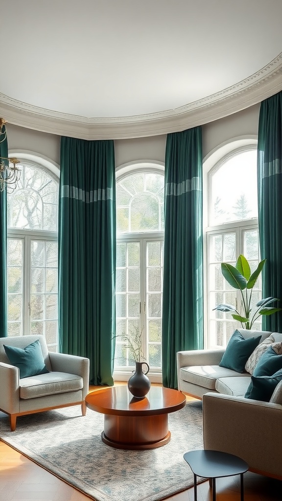 Living room with forest green curtains, light-colored furniture, and a round wooden coffee table.