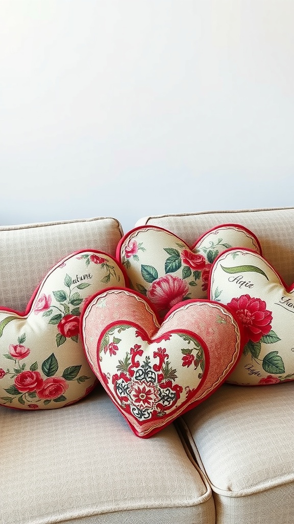 A collection of vintage heart-shaped pillows with floral designs on a light-colored couch.