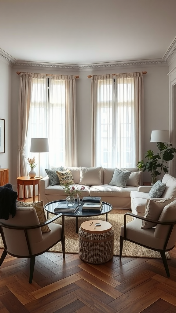 A beautifully decorated Parisian living room with neutral colors, showcasing a cozy sofa and stylish decor.