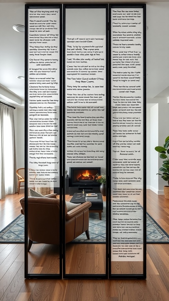 A modern, elegant room divider with written text and a cozy man cave setup.