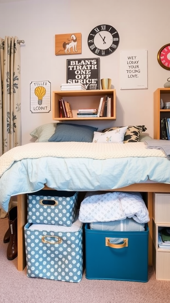 Cozy dorm room with stylish storage solutions featuring decorative bins and shelves