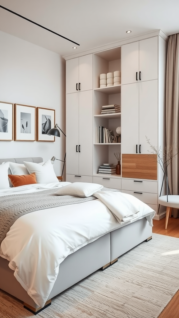 Cozy modern bedroom featuring neutral decor and stylish storage solutions.