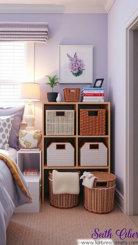 A cozy bedroom corner featuring stylish storage options like woven baskets and decorative organizers.