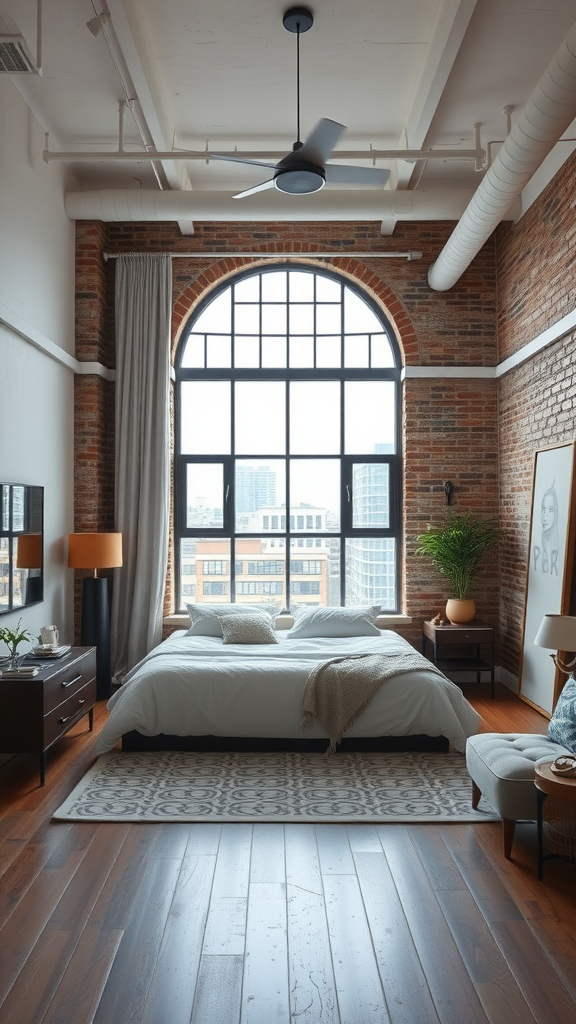 Chic urban loft bedroom with exposed brick walls and large windows