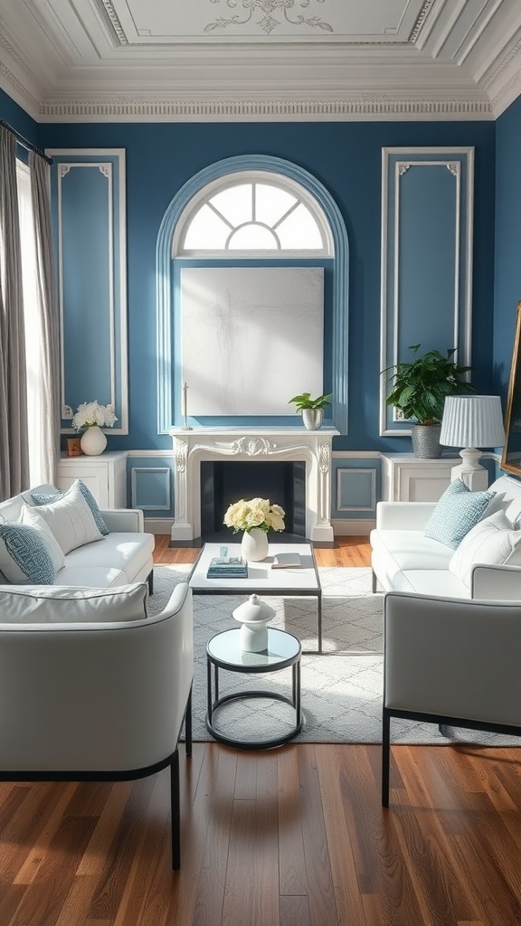 A chic living room featuring white furniture and blue walls.