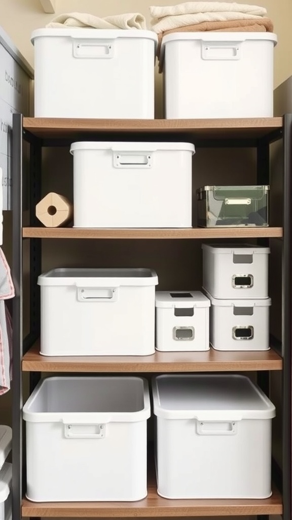 Chic white storage bins on a wooden shelf