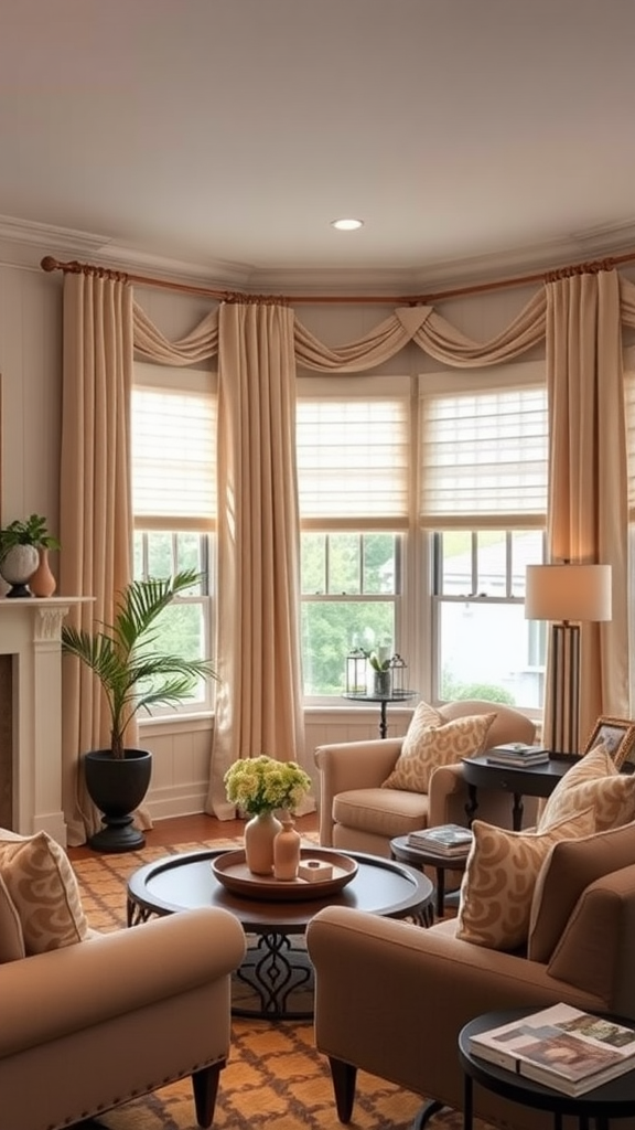 Cozy living room with warm window treatments and comfortable seating