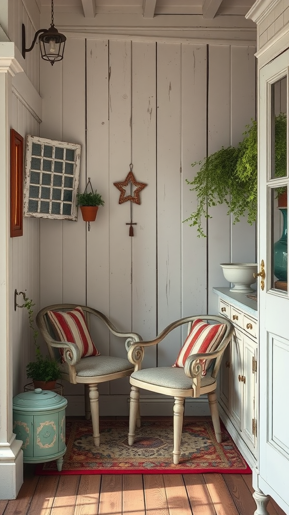 A cozy corner featuring chippy painted furniture and decorative elements.