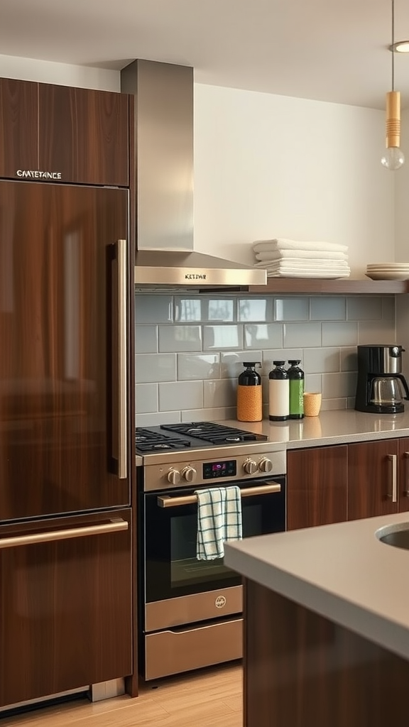 A modern kitchen featuring chocolate brown appliances, wooden cabinets, and a stylish countertop.