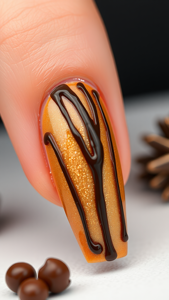 Nail art featuring a golden base with a chocolate drizzle design.