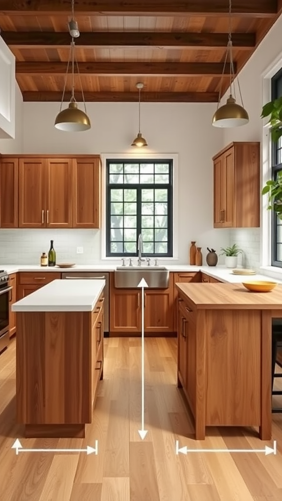 A narrow kitchen island in a bright, wooden kitchen