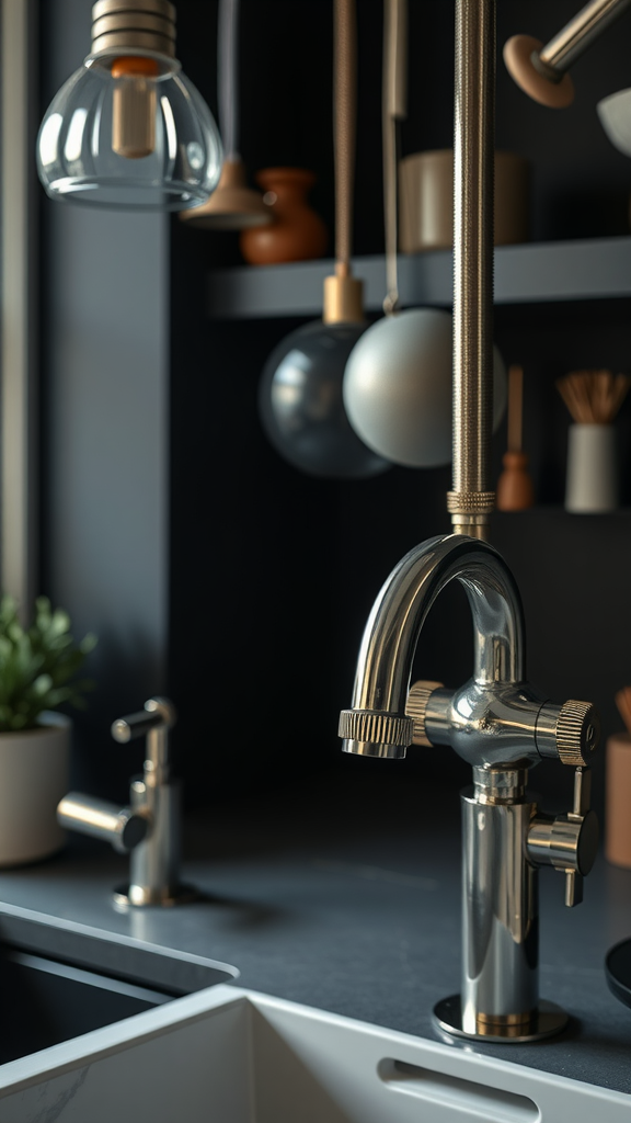 Stylish kitchen faucet and hanging lights in a dark kitchen