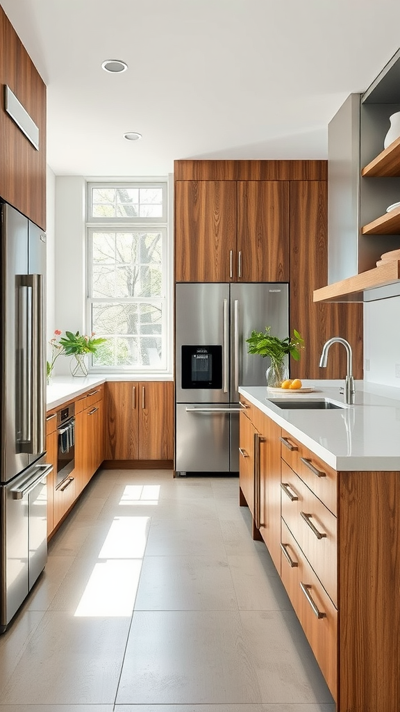 A modern kitchen with wooden cabinetry and a narrow kitchen island.