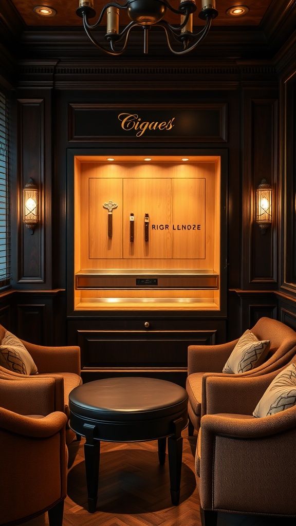 Cozy cigar lounge area with two chairs and a stylish display for cigars.