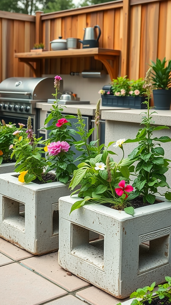 Cinder block planters filled with colorful flowers in an outdoor kitchen setting.