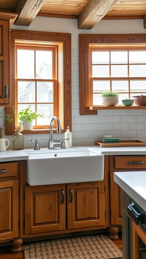 A cozy farmhouse kitchen with an apron-front sink, wooden cabinets, natural light from windows, and plants.